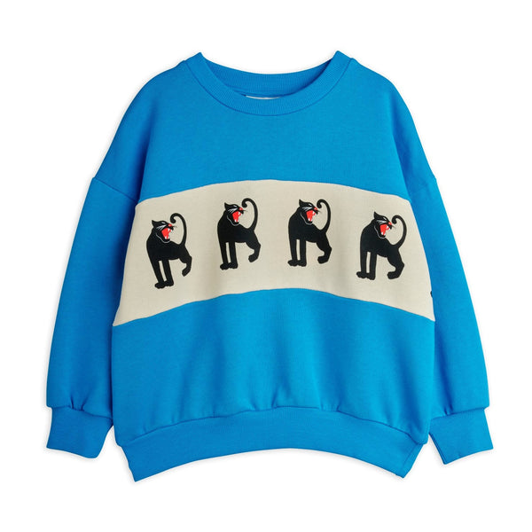 Blue sweatshirt with a graphic of four black panthers mini rodini
