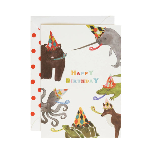 animals having a party happy birthday greeting card