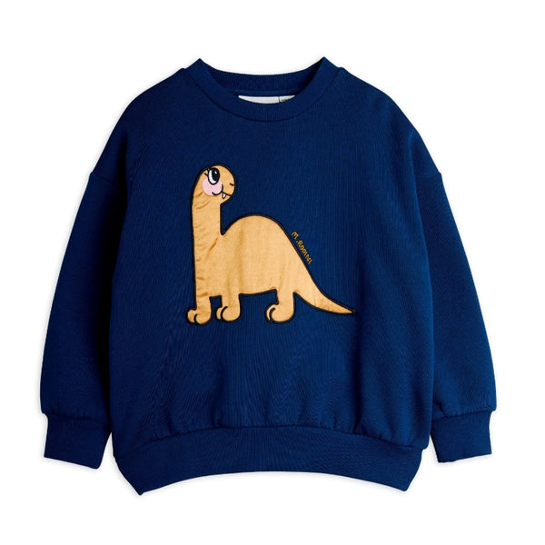 Navy blue sweatshirt with a beige dinosaur graphic