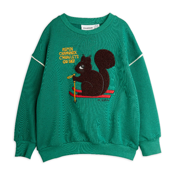mini rodini skiing squirrel chenille sweatshirt green