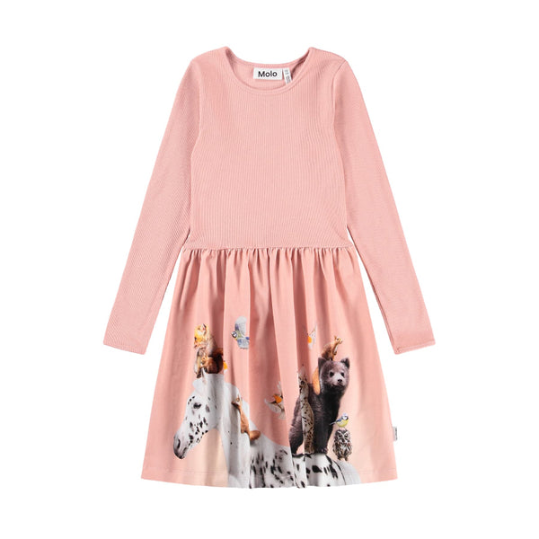 A pink long-sleeve dress for kids, featuring a solid pink upper bodice and a gathered skirt with a whimsical animal print including a dalmatian, cat, rabbit, and butterflies.