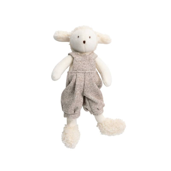 Stuffed toy sheep wearing a knitted outfit
