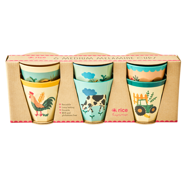 Set of three medium melamine cups with farm animal designs