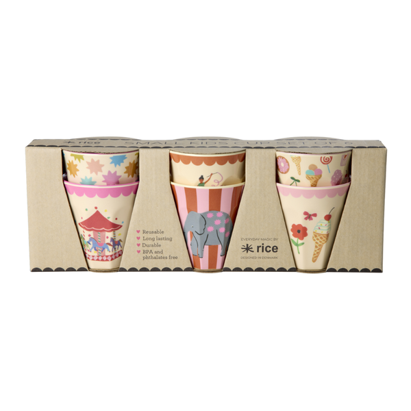 rice melamine kids cups set of fun fair pink prints