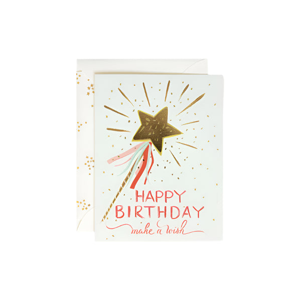 Birthday card with star and wand design on a light blue background