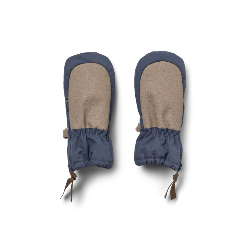 wheat baby mittens with zipper grey blue