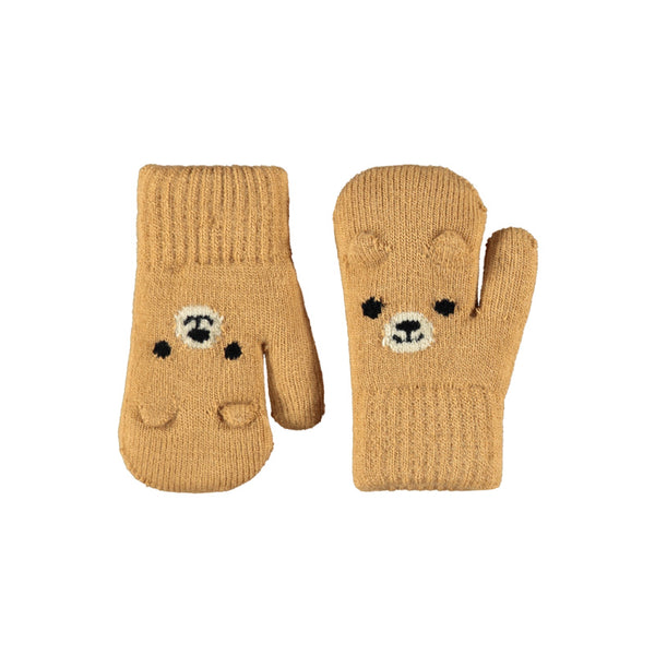 Pair of tan mittens with bear face design molo kenau mittens