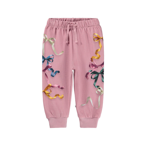 Pink sweatpants with colorful ribbon designs molo simeon baby pants ribbon play