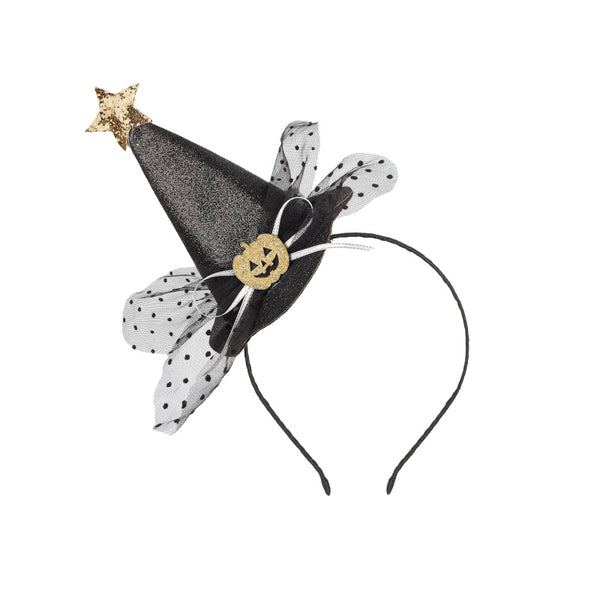 Black witch hat headband with polka dot accents and gold accents