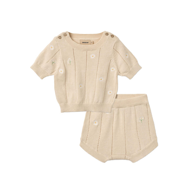wheat knit top & bloomers baby set sandshell white flowers