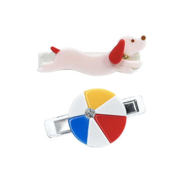 weiner dog and colorful ball alligator clips