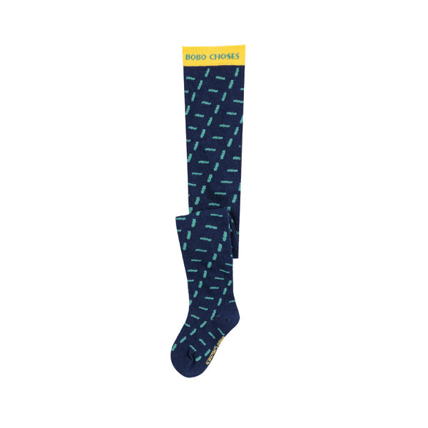 Navy blue knee-high sock with light blue pattern on a white background, featuring 'Bobo Choses' branding.