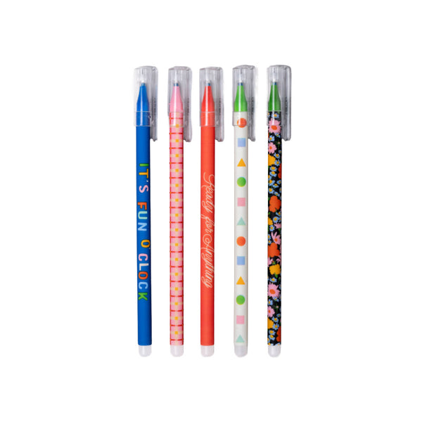Five colorful pens with different designs