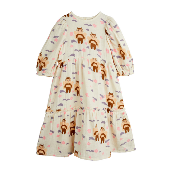 mini rodini bee aop woven muslin puff sleeve dress offwhite