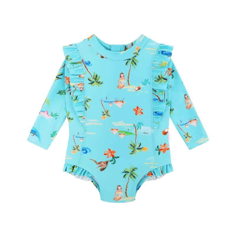 seafolly isla palm frill baby swim sunsuit palm blue