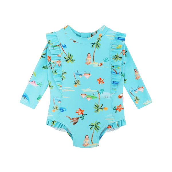 seafolly isla palm frill baby swim sunsuit palm blue