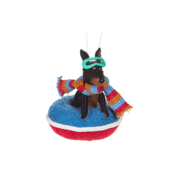 snowtubing dog ornament