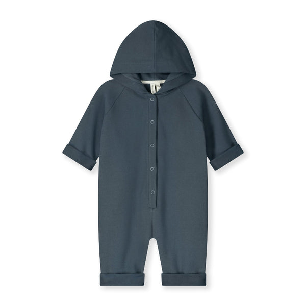 gray label hooded baby playsuit blue grey