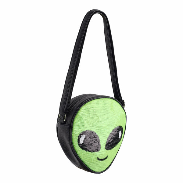 Green alien-shaped crossbody bag with a black strap molo alien bag fluo green