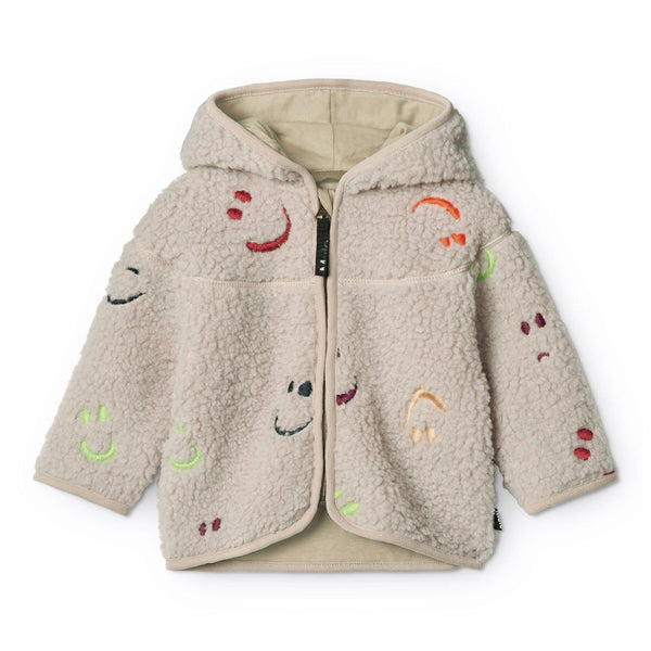 Children's beige fleece jacket with smiley face designs