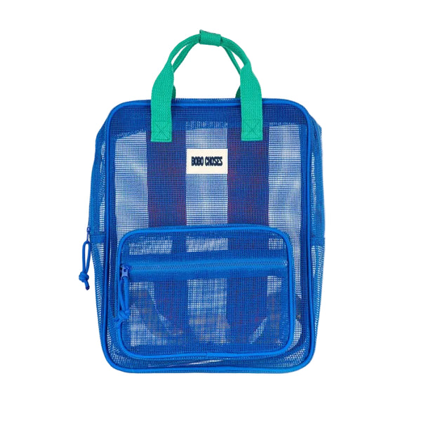 Blue mesh backpack with green handles