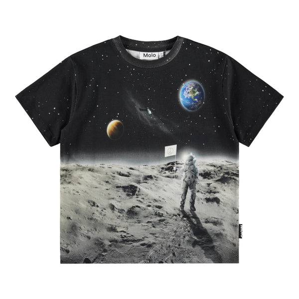 Black t-shirt with space-themed design featuring an astronaut on the moon and Earth.