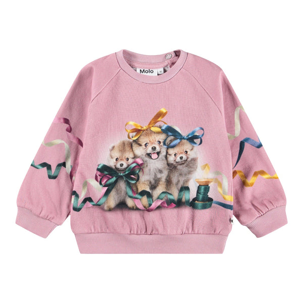 Pink sweatshirt with dog and ribbon design molo disc baby sweatshirt ribbon play