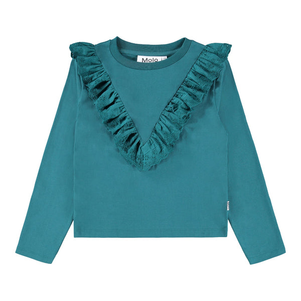 Teal long-sleeve top with ruffled neckline by molo