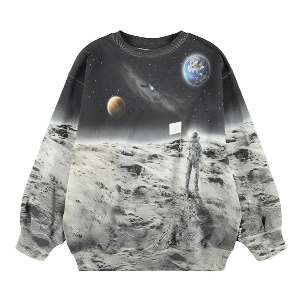 Sweatshirt with space-themed design featuring an astronaut on the moon and planets.