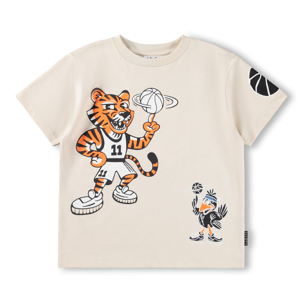 Beige t-shirt with a tiger graphic and basketball design molo rodney t-shirt basket mascots