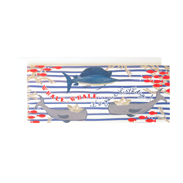 Birthday card with whale illustrations and striped design on a white background