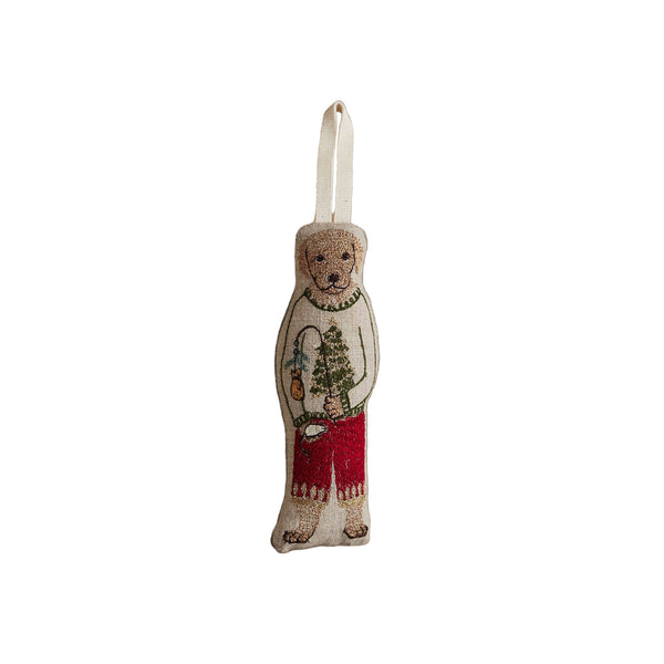 Dog-shaped ornament with a sweater and red pants coral & tusk