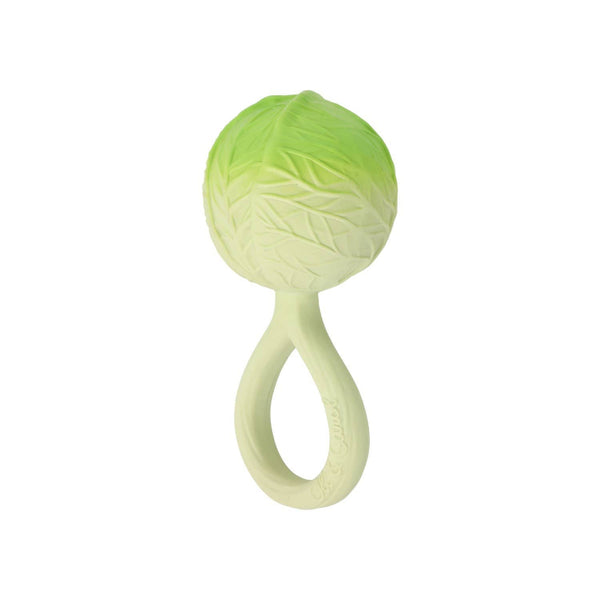 Green baby teether shaped like a cabbage on a white background