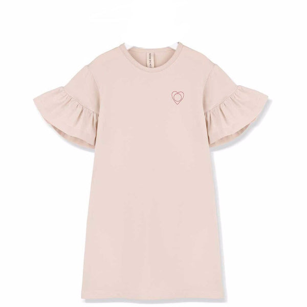 kids on the moon afterglow ruffle dress in pink with chest heart print features ruffled short sleeves. european kids clothes available at kodomo boston.