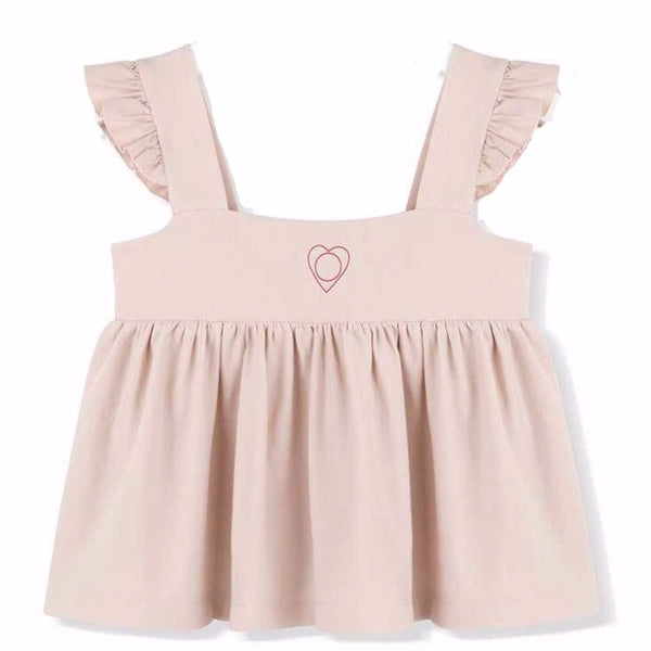 kids on the moon afterglow ruffle strap top in pink with heart chest print is loose fitting with ruffle strap detail. european kids clothes available at kodomo boston, fast shipping.