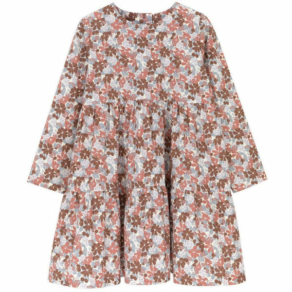 kids on the moon long sleeve flower print dress in shades of pink.