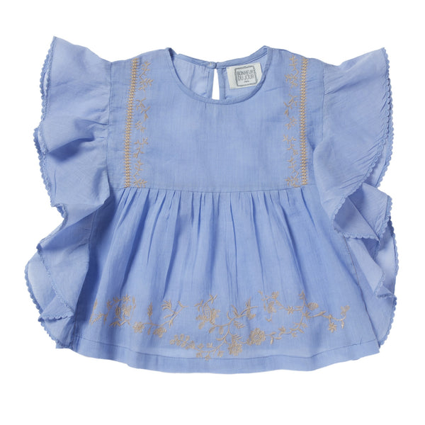 bonheur du jour calypso blouse blue, spring summer 2020 girls skirts and clothing from bonheur du jour at kodomo boston, free shipping