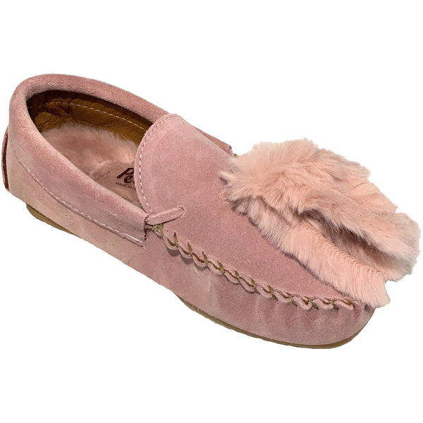 pèpè moccasins furry lined rose, luxury kids clothing and shoe brands at kodomo boston, free shipping.