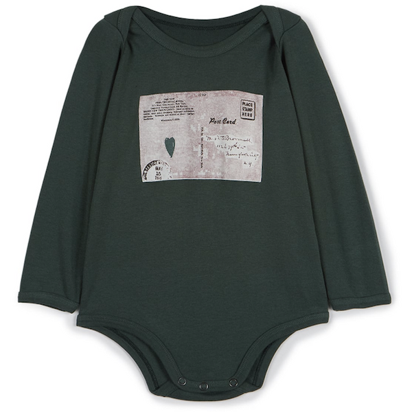 front view of the wolf & rita artur baby onesie in postcard, baby onesies autumn winter 2021 collection free shipping kodomo boston