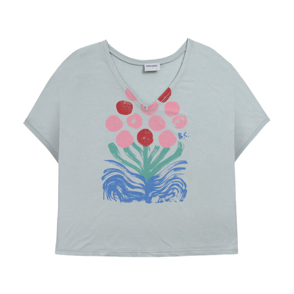 bobo choses womens v-neck loose t-shirt flowers grey