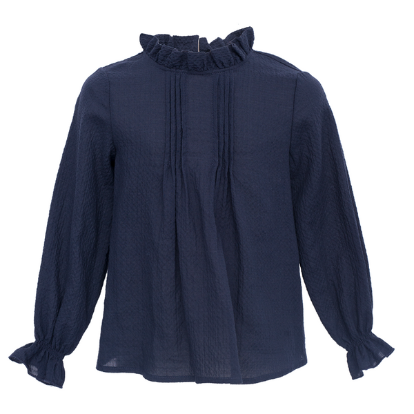 paade mode cotton blouse ava blue, girls tops, ruffled collar cuff details long sleeves