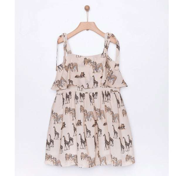 yell-oh safari printed frill dress sand, animal print for kids free shipping kodomo boston