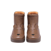 A pair of brown leather ankle boots with a bear face design on the toe area.