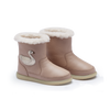 A pair of toddler ankle boots in a dusty pink color, featuring a white wool lining at the top, a white swan applique on the side, and a light beige sole.
