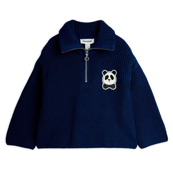 mini rodini panda patch chunky knit half zip sweater
