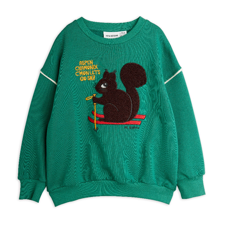 mini rodini skiing squirrel chenille sweatshirt green