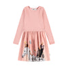 A pink long-sleeve dress for kids, featuring a solid pink upper bodice and a gathered skirt with a whimsical animal print including a dalmatian, cat, rabbit, and butterflies. 