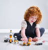 Set of toy space vehicles including a rocket, rover, and satellite 