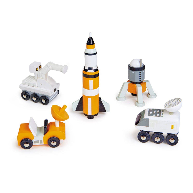 Set of toy space vehicles including a rocket, rover, and satellite 