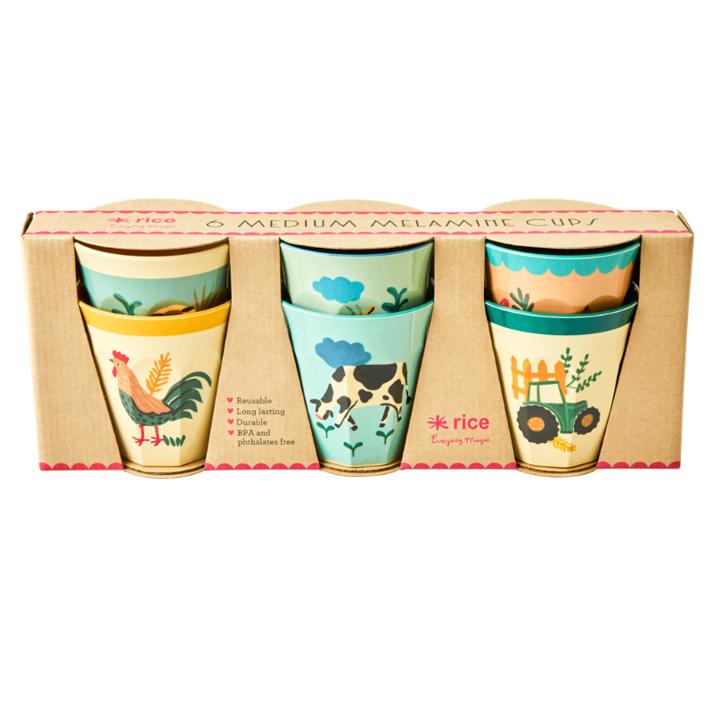 Set of three medium melamine cups with farm animal designs 
